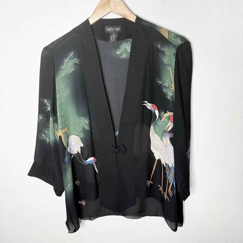 Simply Silk Bird Crane Kimono Lightweight Nature Trees Womens Medium